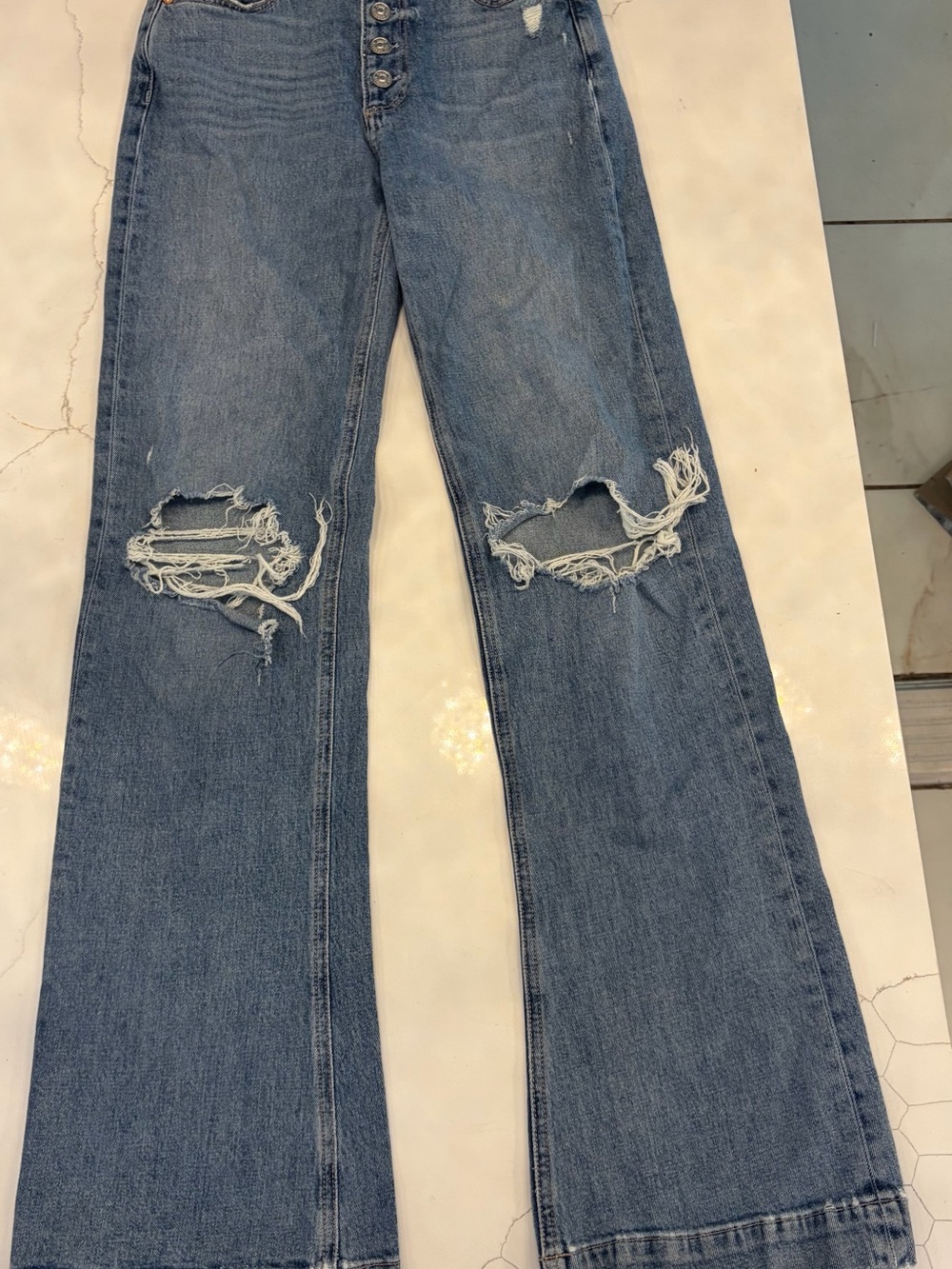 PAIGE Distressed Wide-Leg Jeans in Medium Blue